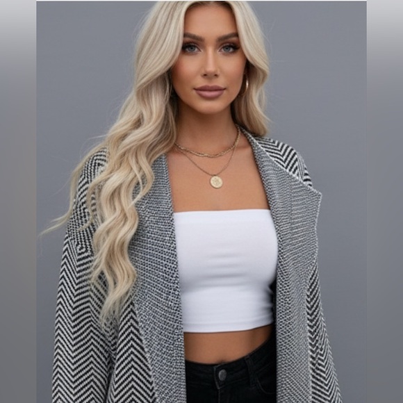 Chevron Pattern Drop Shoulder Open Front Cardigan - Picture 2 of 9